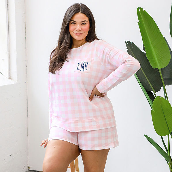 gingham shorts with matching monogrammed gingham sweatshirt