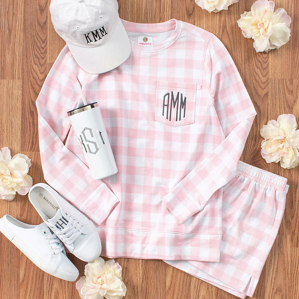 matching gingham set on wood with slide on sneakers