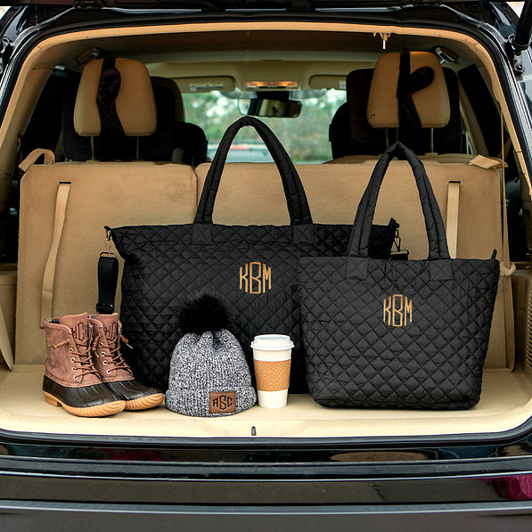 Monogrammed Diamond Quilted Weekender and Tote in trunk