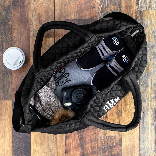 inside shot of black diamond quilted weekender