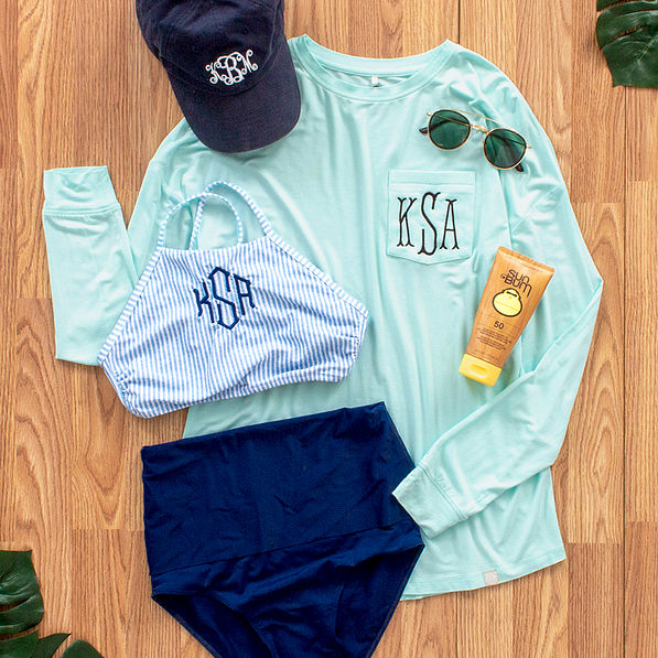 Monogrammed Mint Sun Shirt outfit with hat and swim top and bottom.