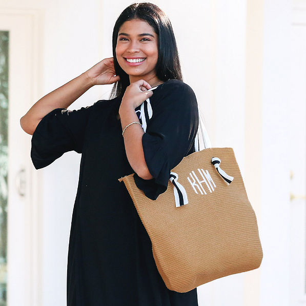 personalized tan straw purse with black and white strap
