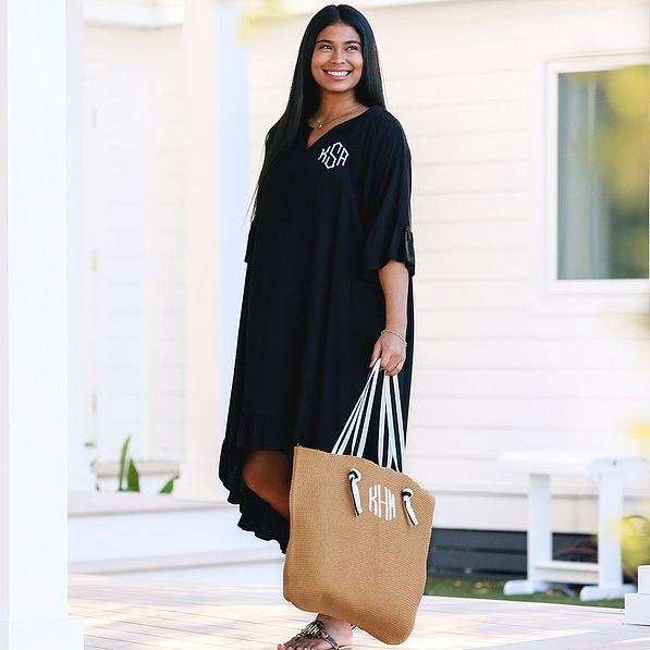 monogrammed black and white striped strap bag for beach