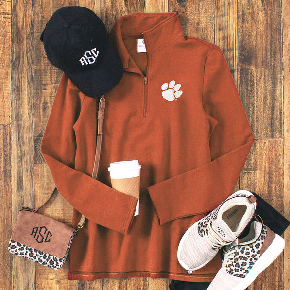 clemson pullover sweatshirt in pumpkin with leopard sneakers