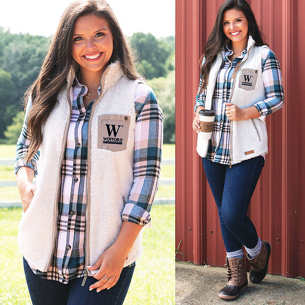Wofford Sherpa Vest in Ivory with plaid layering tunic