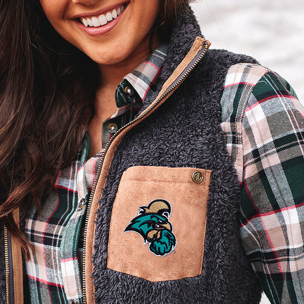 Coastal Carolina charcoal sherpa vest suede pocket detailing