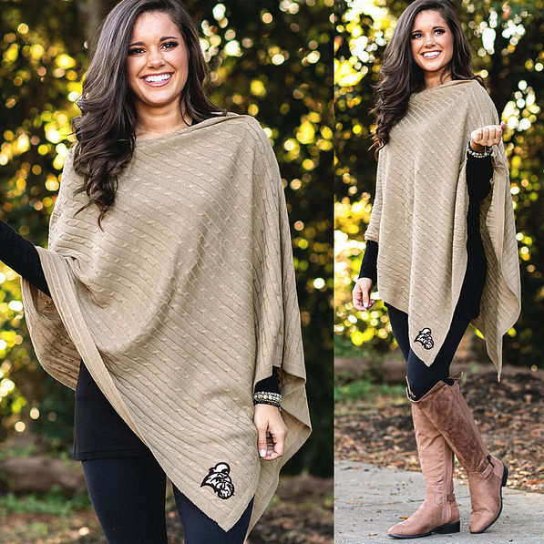 split image of coastal carolina poncho in camel