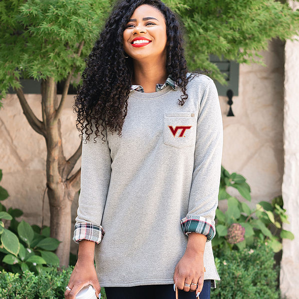 virginia tech crewneck sweatshirt with plaid shirt