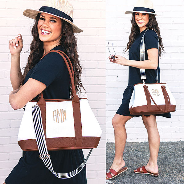 monogrammed expandable purse with crossbody strap on shoulder