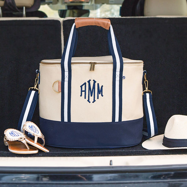 personalized canvas cooler in navy in trunk