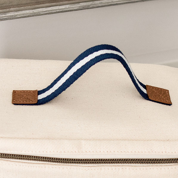 up close of canvas train case - navy