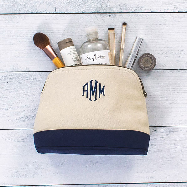 Personalized Canvas Cosmetic Case Navy Blue with makeup and lotion
