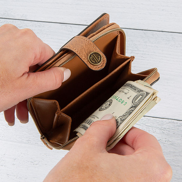 Inside Pocket of Monogrammed Square Wallet in Brown