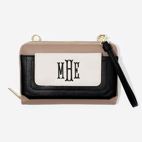 Monogrammed Phone Wallet Wristlet in Black/Tan