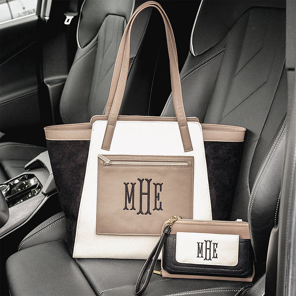 black tan phone wallet wristlet with colorblock tote