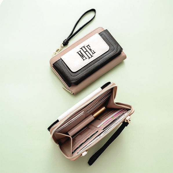 black tan phone wallet wristlet with inside shot