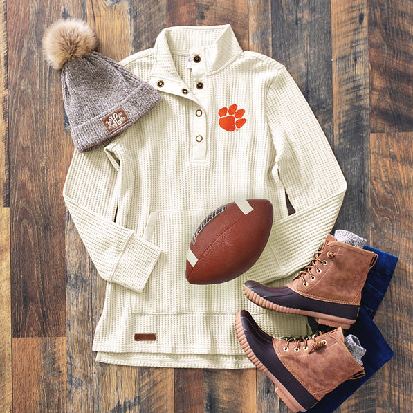 Clemson Tigers Monogrammed Waffle Pullover Sweatshirt in white with duck boots
