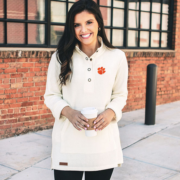 Clemson Tigers Monogrammed Waffle Pullover Sweatshirt in Ivory with coffee