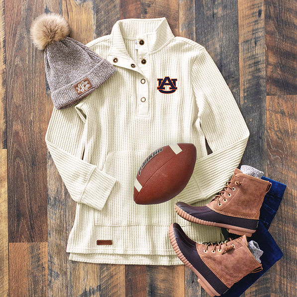 Auburn Tigers Waffle Pullover Sweatshirt in white with duck boots