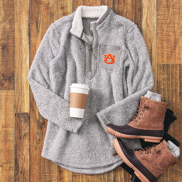 light gray auburn sherpa pullover tunic with duck boots