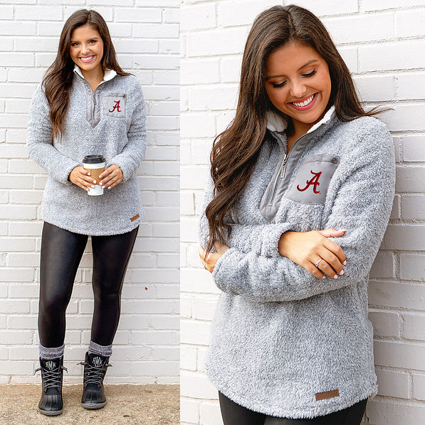 light gray sherpa pullover split shot with alabama logo