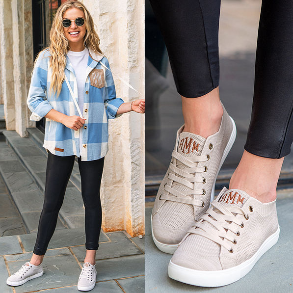 split image of tan knit sneakers