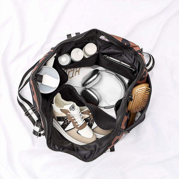 inside neoprene weekender - hickory leopard