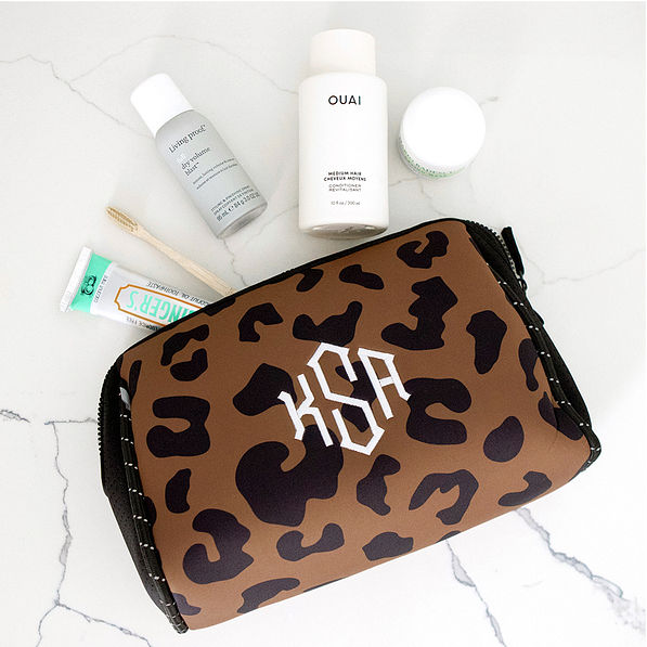 Monogrammed Neoprene Cosmetic Case in Hickory Leopard spill out