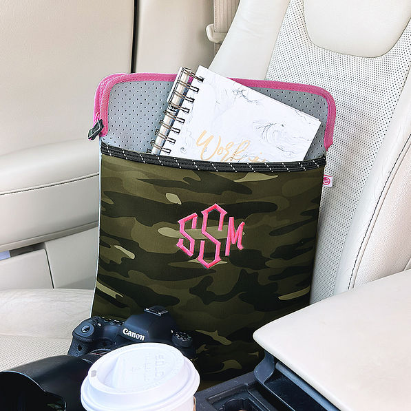 camo neoprene laptop case inside of car