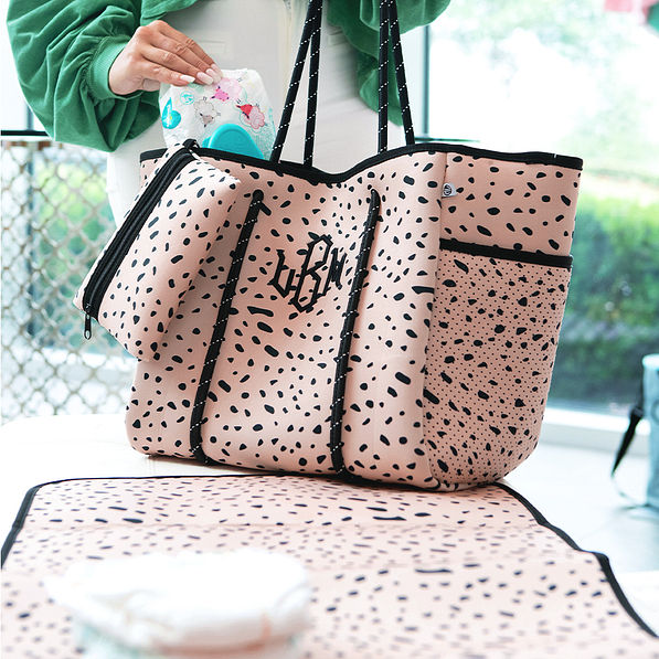 monogrammed neoprene diaper bag in blush safari