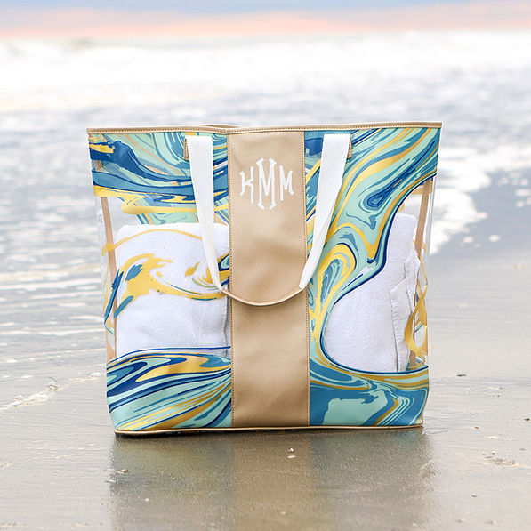 Monogrammed Navy Marble Beach Bag