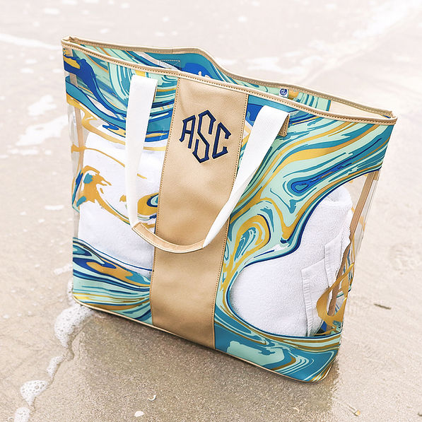 personalized navy blue marble massive beach bag on beach