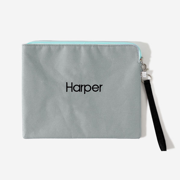 name on wristlet pouch in grey