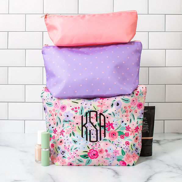 stacked cosmetic bags - coral floral