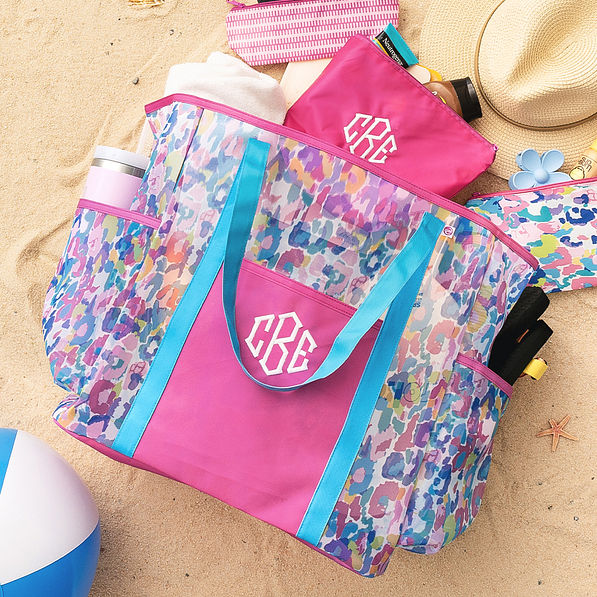 watercolor cheetah packable cosmetic bag with mesh tote