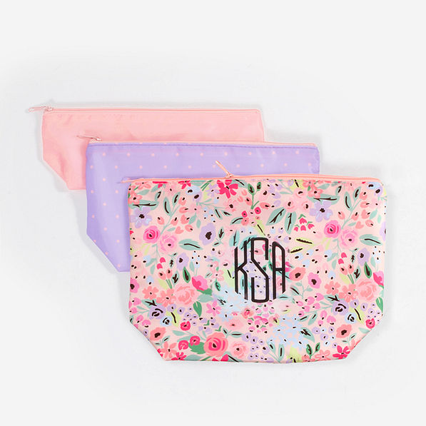 monogrammed packable cosmetic bags - coral floral