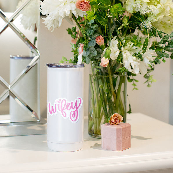 wifey sticker on cup with wedding accessories