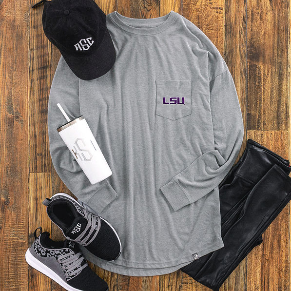light gray lsu long sleeve shirt with leggings and sneakers