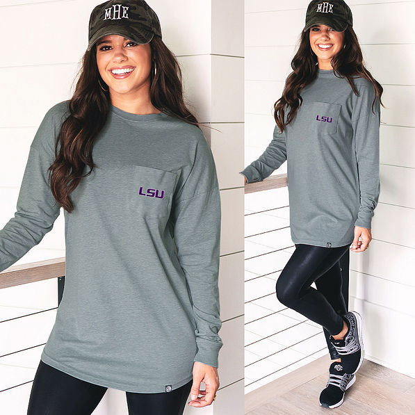 light gray long sleeve shirt with purple lsu logo on pocket