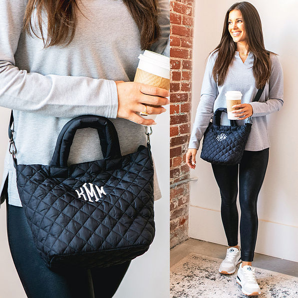 split image of black diamond quilted crossbody