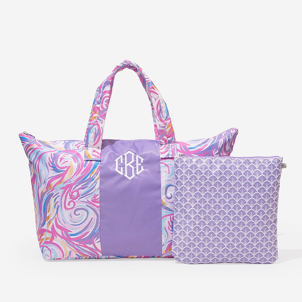 monogrammed packable duffel in purple splish splash