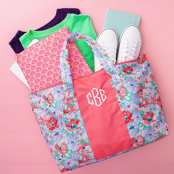 coral botanical packable weekend duffel flatlay