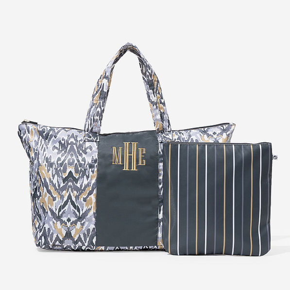 monogrammed packable duffel in gray ikat