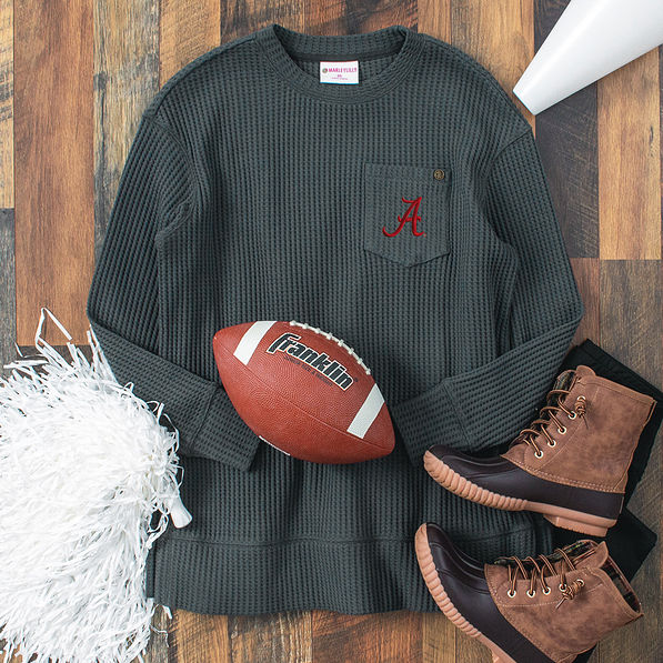 charcoal alabama waffle crewneck sweatshirt with duck boots