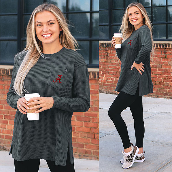 charcoal alabama waffle crewneck sweatshirt with leggings and leopard sneakers