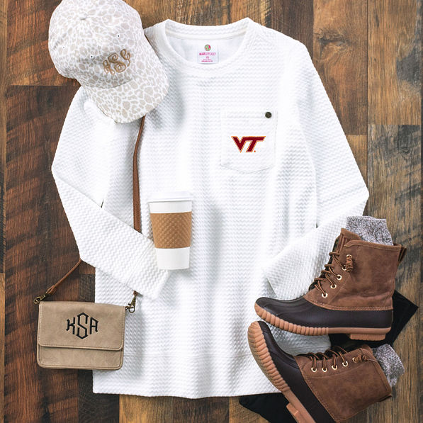 virginia tech quilted sweatshirt with duck boots and stadium approved crossbody