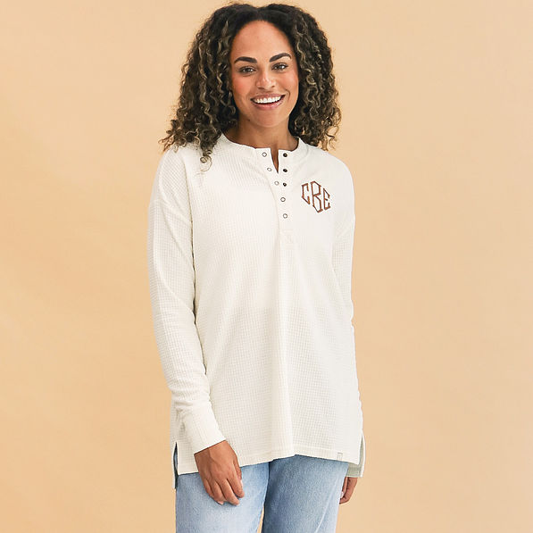 front of monogrammed ivory waffle henley tunic