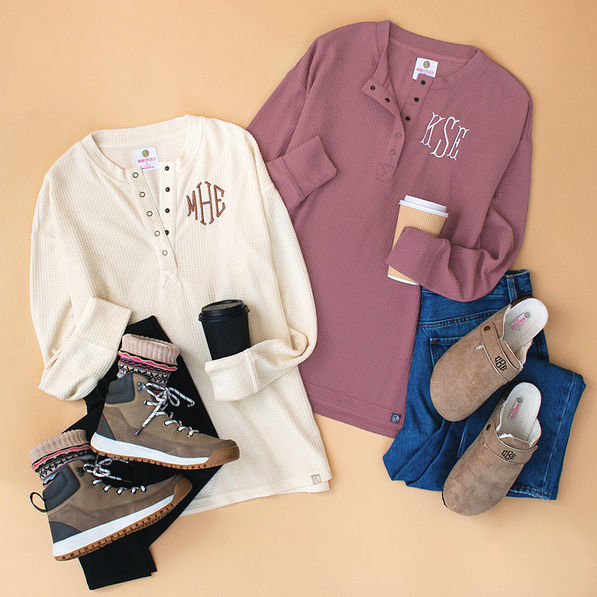 Waffle Textured Tunic Henley Top with Slits main image 1