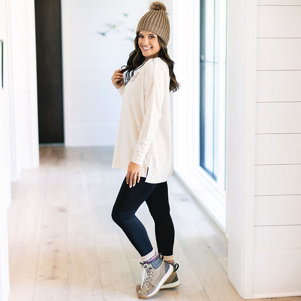 side of monogrammed ivory waffle henley tunic