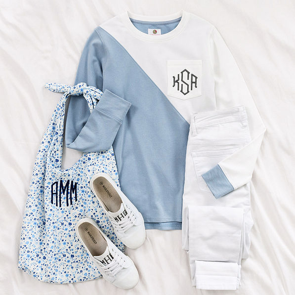 Personalized Colorblock Sweatshirt   JbU Colorblock Sweatshirt With Hobo Bag And White Jeans 